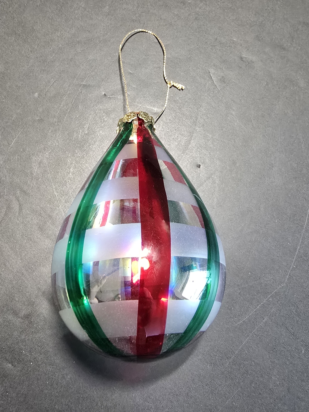 Glass Blown Ornament, Spire, Clear with Red, Green And White Striped Pattern 6"